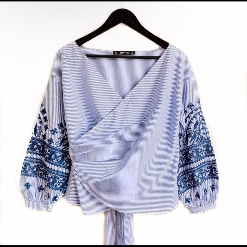 Zara blue stripe embroidered puff sleeve wrap top